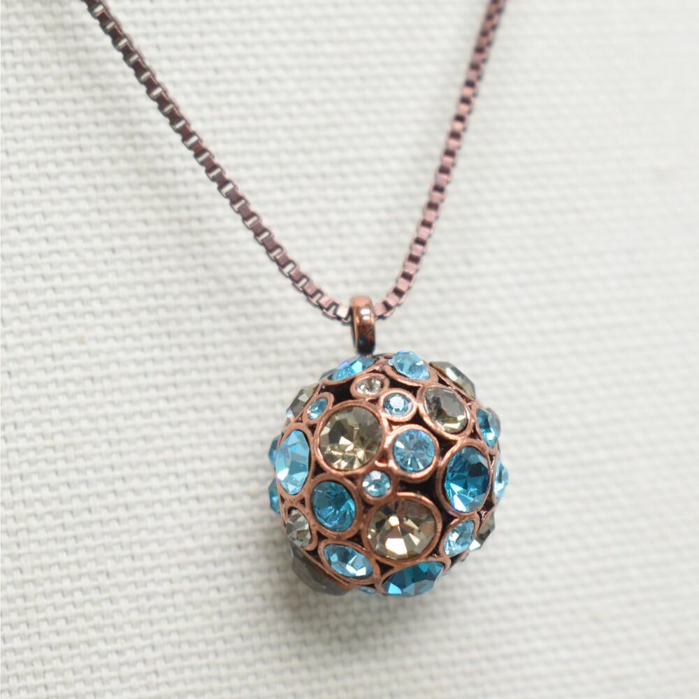 Fossil Rhinestone Ball Pendant Necklace Sparkly Blue Cluster Copper Chain Boho